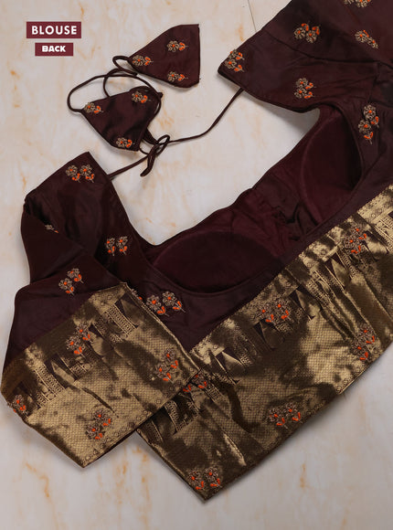 Coffee Brown Pure Kanchipuram Silk Saree Embroidered Readymade Blouse