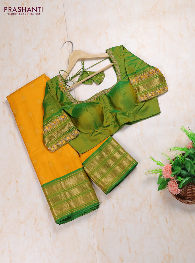 Yellow - Green Pure Kanchipuram Silk Saree Embroidered Readymade Blouse
