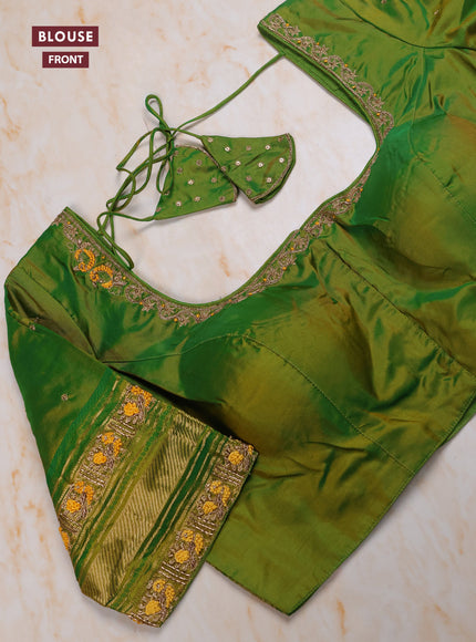Yellow - Green Pure Kanchipuram Silk Saree Embroidered Readymade Blouse