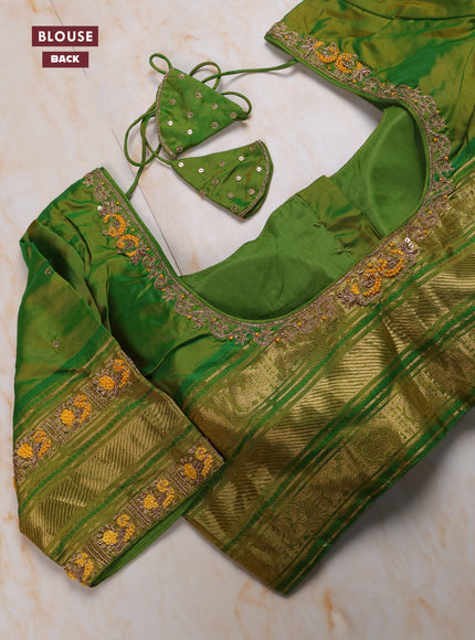 Yellow - Green Pure Kanchipuram Silk Saree Embroidered Readymade Blouse