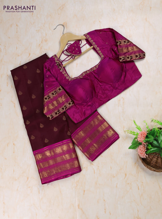Maroon - Pink Pure Kanchipuram Silk Saree Embroidered Readymade Blouse