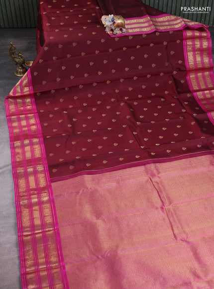 Maroon - Pink Pure Kanchipuram Silk Saree Embroidered Readymade Blouse