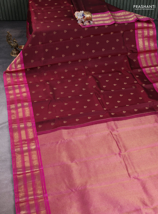 Maroon - Pink Pure Kanchipuram Silk Saree Embroidered Readymade Blouse