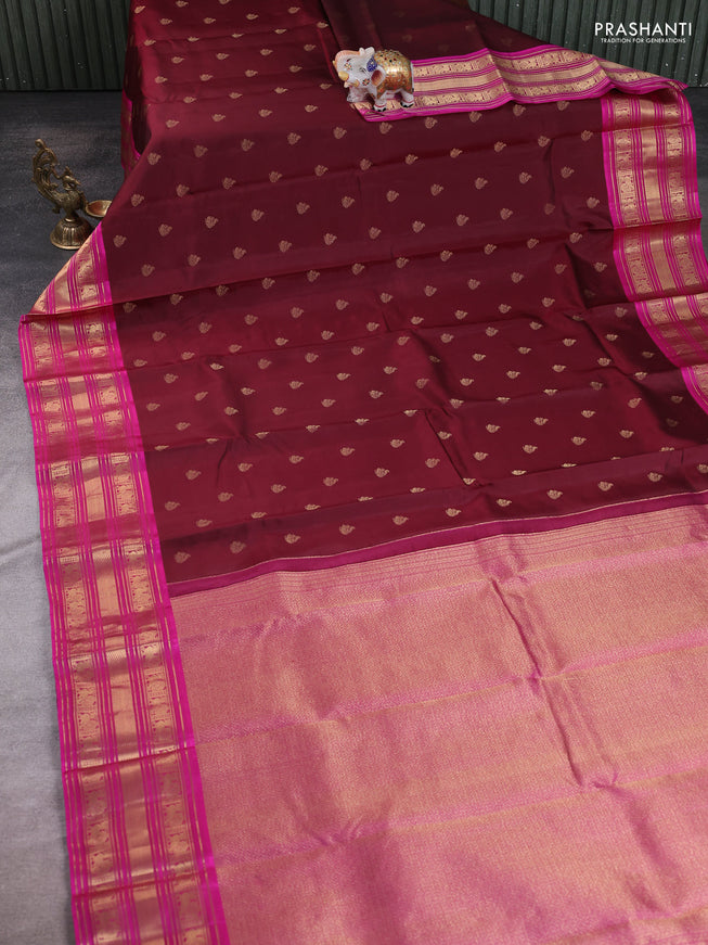 Maroon - Pink Pure Kanchipuram Silk Saree Embroidered Readymade Blouse