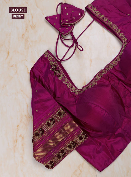 Maroon - Pink Pure Kanchipuram Silk Saree Embroidered Readymade Blouse