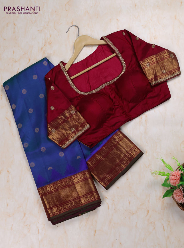 Dual Shade Of Blue - Maroon Pure Kanchipuram Silk Saree Embroidered Readymade Blouse