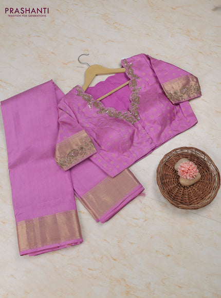 Mild Lavender Pure Kanchipuram Silk Saree Embroidered Readymade Blouse