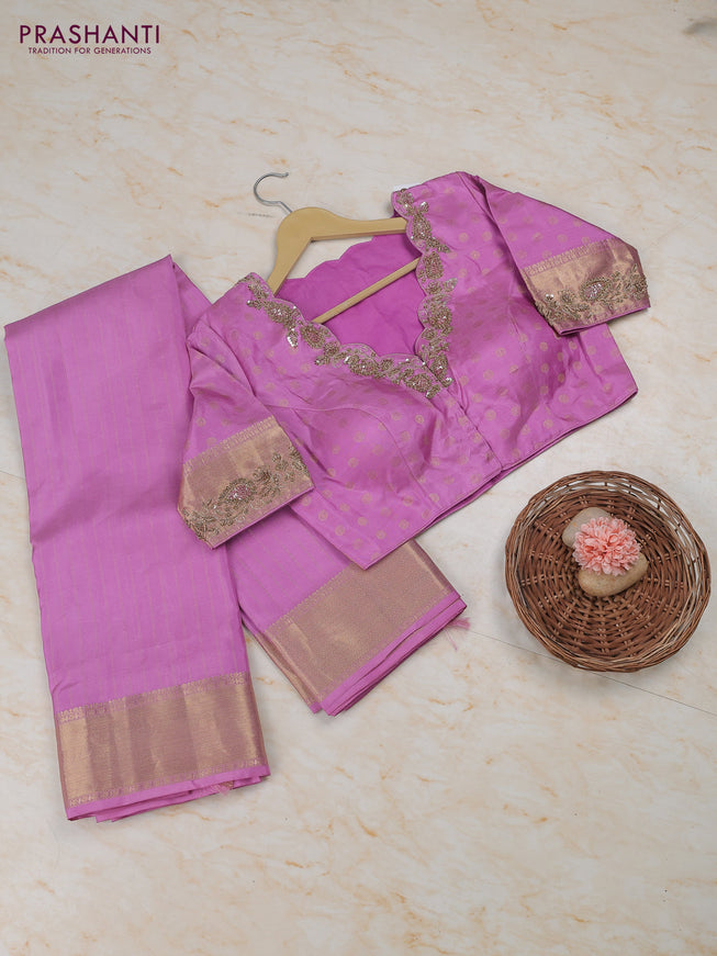 Mild Lavender Pure Kanchipuram Silk Saree Embroidered Readymade Blouse