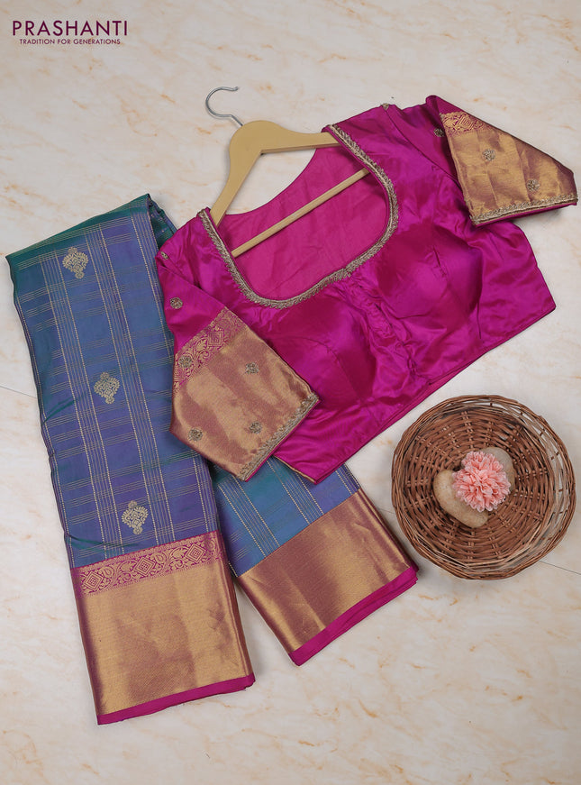Dual Shade Of Peacock Green - Magenta Pink Pure Kanchipuram Silk Saree Embroidered Readymade Blouse