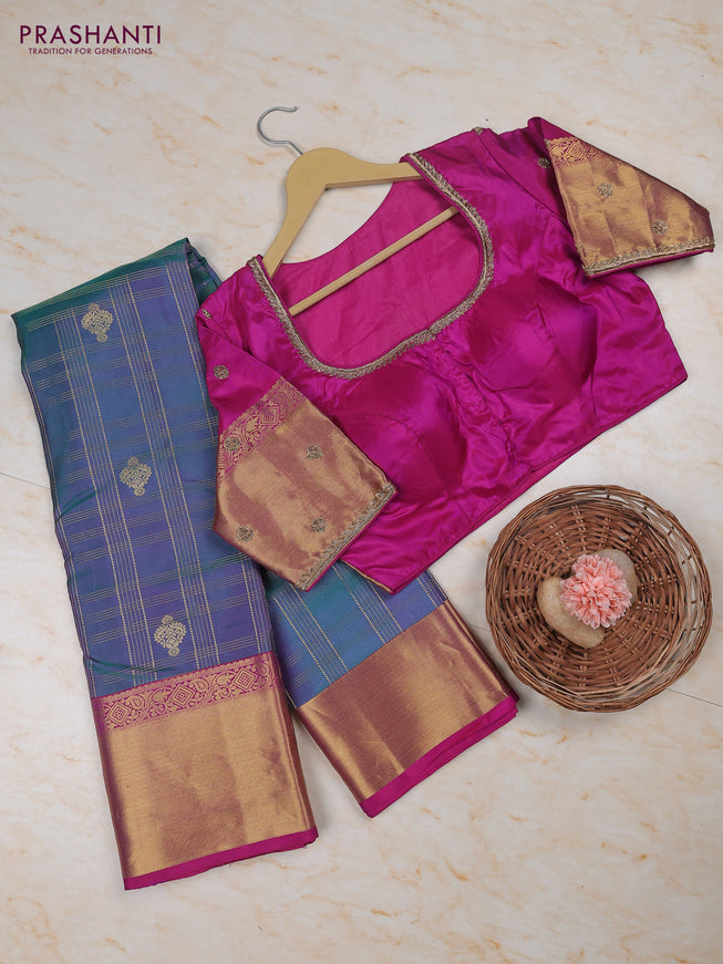 Dual Shade Of Peacock Green - Magenta Pink Pure Kanchipuram Silk Saree Embroidered Readymade Blouse