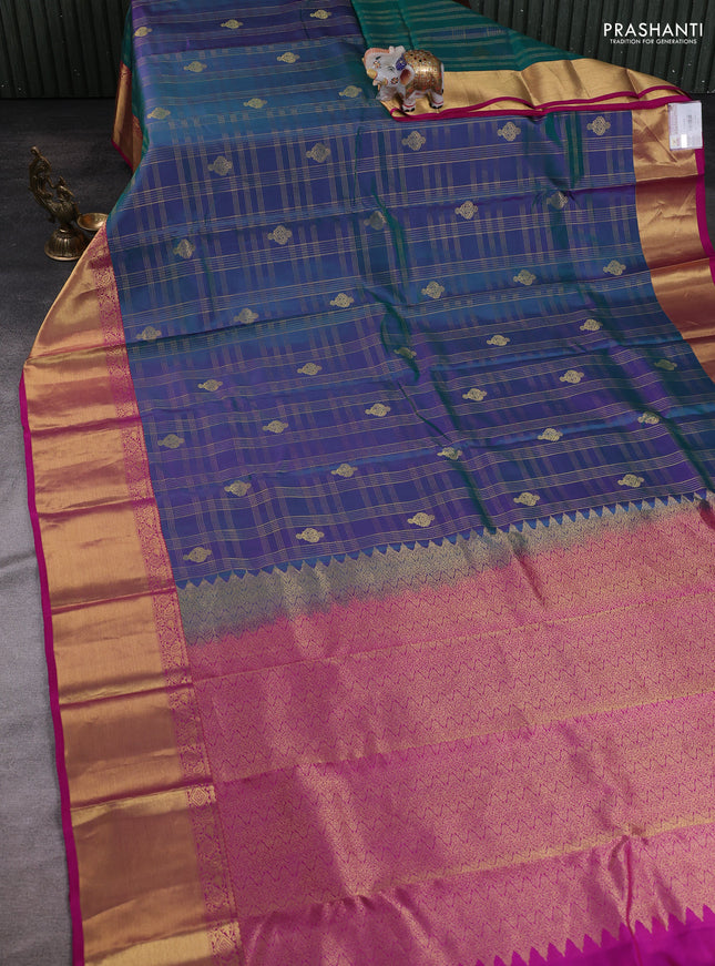 Dual Shade Of Peacock Green - Magenta Pink Pure Kanchipuram Silk Saree Embroidered Readymade Blouse