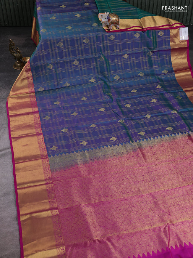 Dual Shade Of Peacock Green - Magenta Pink Pure Kanchipuram Silk Saree Embroidered Readymade Blouse
