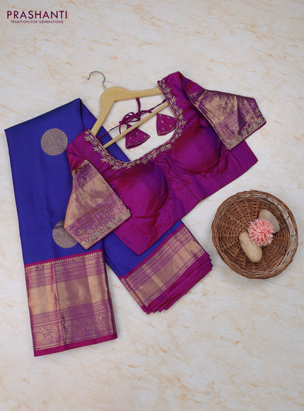Blue - Purple Pure Kanchipuram Silk Saree Embroidered Readymade Blouse