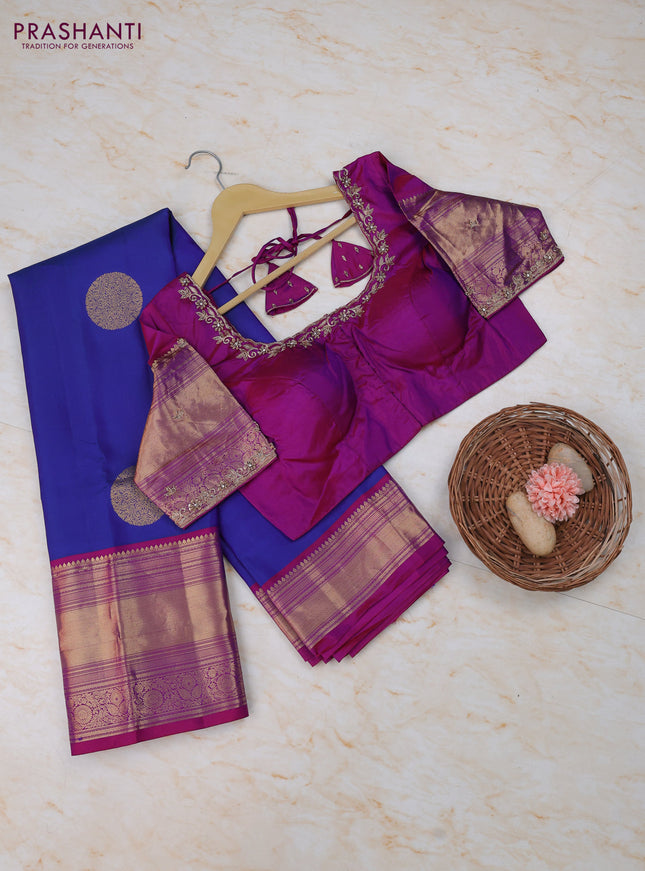 Blue - Purple Pure Kanchipuram Silk Saree Embroidered Readymade Blouse