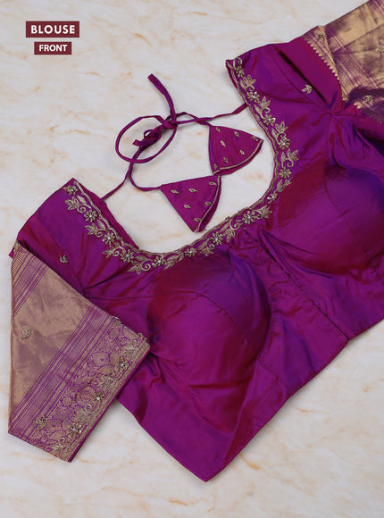 Blue - Purple Pure Kanchipuram Silk Saree Embroidered Readymade Blouse