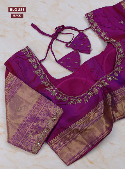 Blue - Purple Pure Kanchipuram Silk Saree Embroidered Readymade Blouse