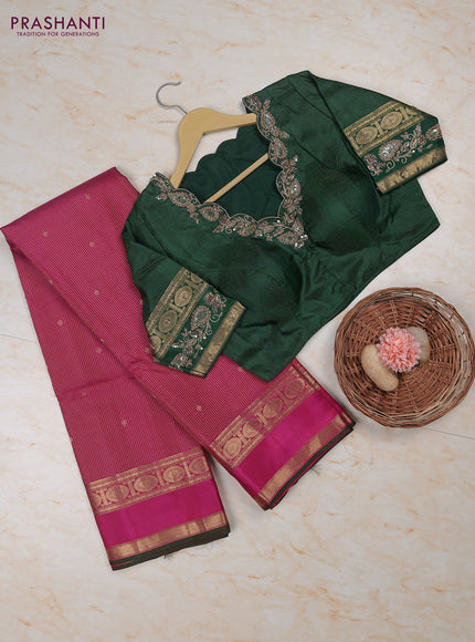 Magenta Pink - Green Pure Kanchipuram Silk Saree Embroidered Readymade Blouse