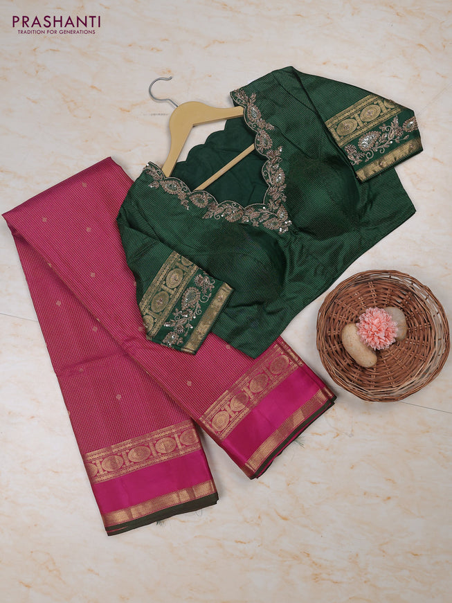 Magenta Pink - Green Pure Kanchipuram Silk Saree Embroidered Readymade Blouse