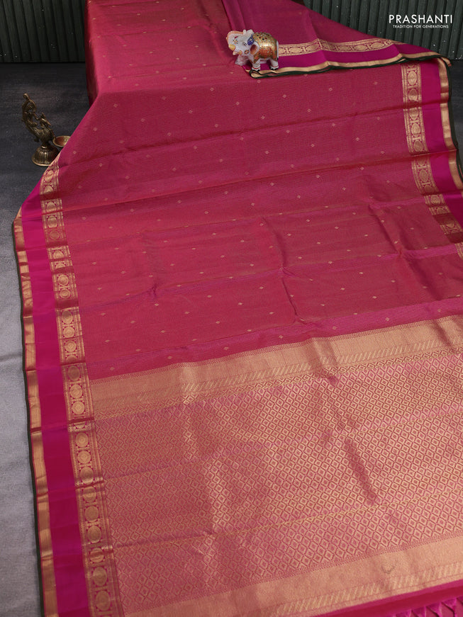 Magenta Pink - Green Pure Kanchipuram Silk Saree Embroidered Readymade Blouse