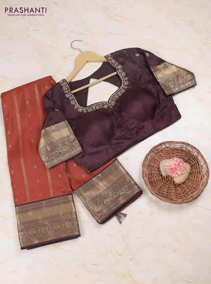 Rust - Coffee Brown Pure Kanchipuram Silk Saree Embroidered Readymade Blouse