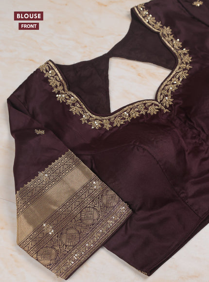 Rust - Coffee Brown Pure Kanchipuram Silk Saree Embroidered Readymade Blouse
