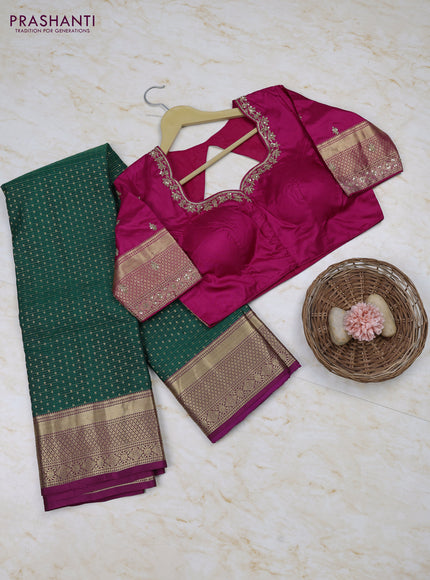 Bottle Green - Magenta Pink Pure Kanchipuram Silk Saree Embroidered Readymade Blouse