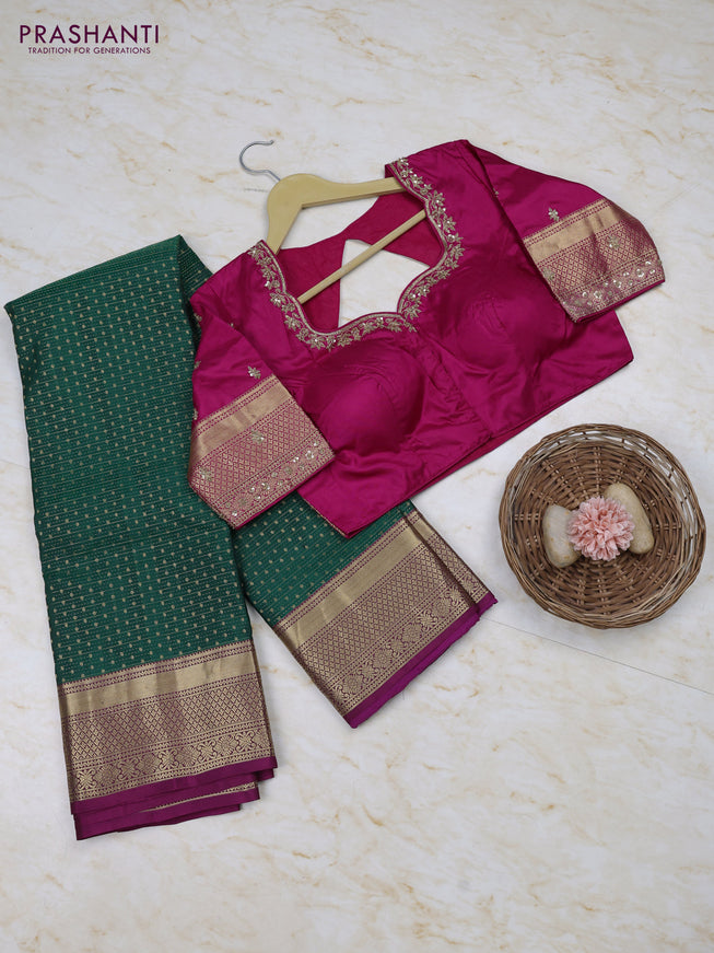 Bottle Green - Magenta Pink Pure Kanchipuram Silk Saree Embroidered Readymade Blouse