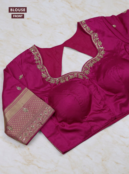 Bottle Green - Magenta Pink Pure Kanchipuram Silk Saree Embroidered Readymade Blouse