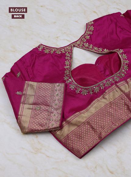 Bottle Green - Magenta Pink Pure Kanchipuram Silk Saree Embroidered Readymade Blouse