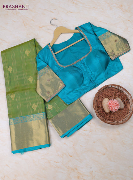 Green - Teal Blue Pure Kanchipuram Silk Saree Embroidered Readymade Blouse