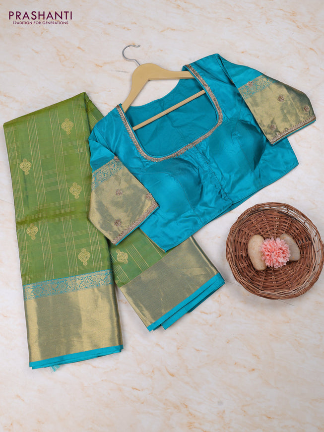 Green - Teal Blue Pure Kanchipuram Silk Saree Embroidered Readymade Blouse