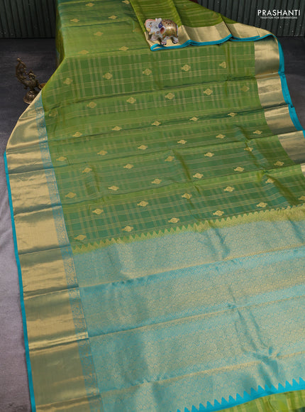 Green - Teal Blue Pure Kanchipuram Silk Saree Embroidered Readymade Blouse