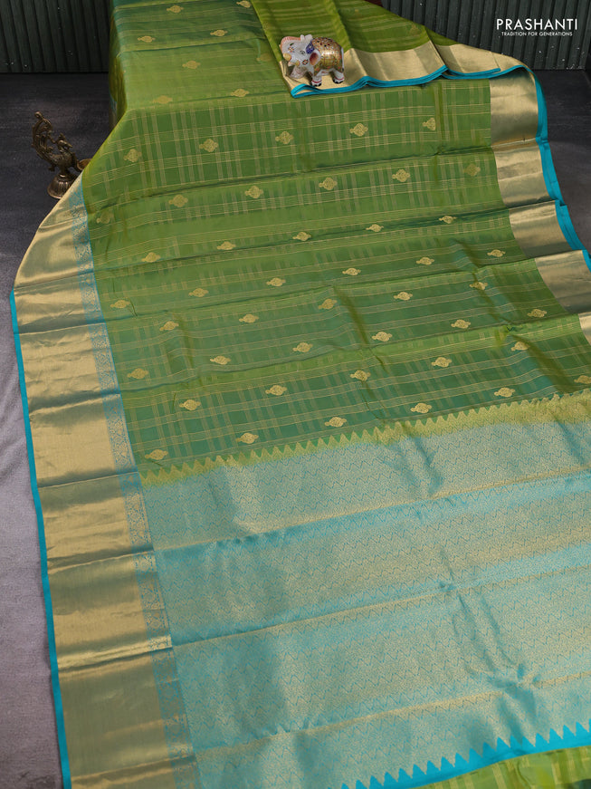 Green - Teal Blue Pure Kanchipuram Silk Saree Embroidered Readymade Blouse