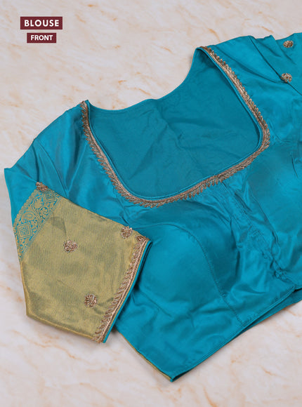 Green - Teal Blue Pure Kanchipuram Silk Saree Embroidered Readymade Blouse