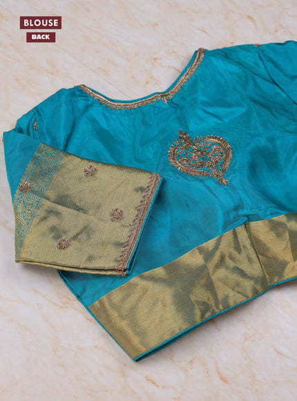 Green - Teal Blue Pure Kanchipuram Silk Saree Embroidered Readymade Blouse