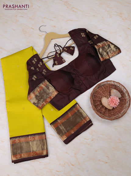 Yellow - Coffee Brown Pure Kanchipuram Silk Saree Embroidered Readymade Blouse