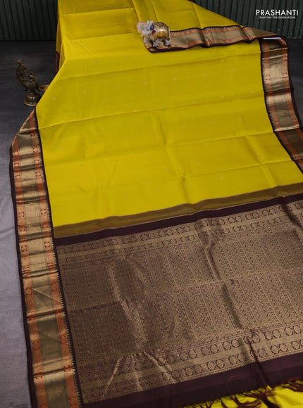 Yellow - Coffee Brown Pure Kanchipuram Silk Saree Embroidered Readymade Blouse