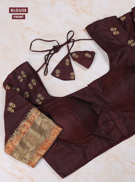 Yellow - Coffee Brown Pure Kanchipuram Silk Saree Embroidered Readymade Blouse
