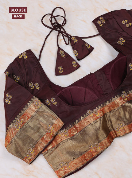 Yellow - Coffee Brown Pure Kanchipuram Silk Saree Embroidered Readymade Blouse
