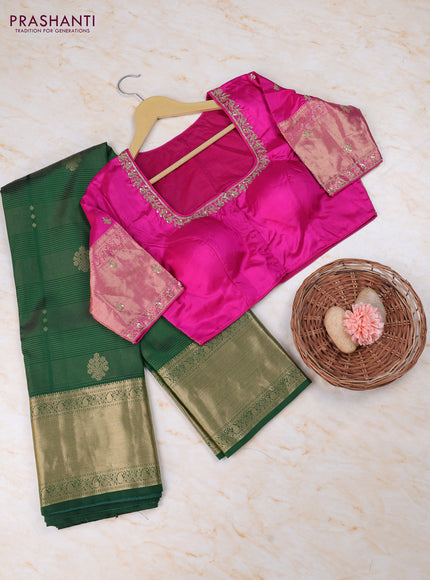 Bottle Green - Pink Pure Kanchipuram Silk Saree Embroidered Readymade Blouse