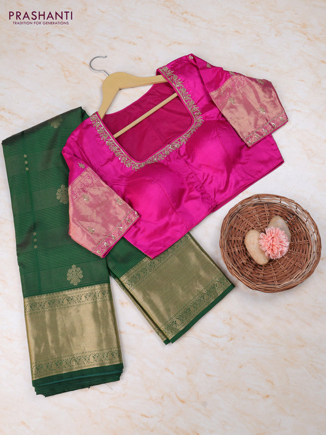 Bottle Green - Pink Pure Kanchipuram Silk Saree Embroidered Readymade Blouse