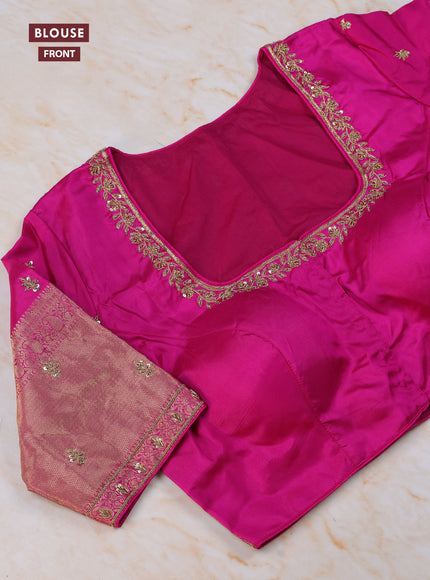 Bottle Green - Pink Pure Kanchipuram Silk Saree Embroidered Readymade Blouse