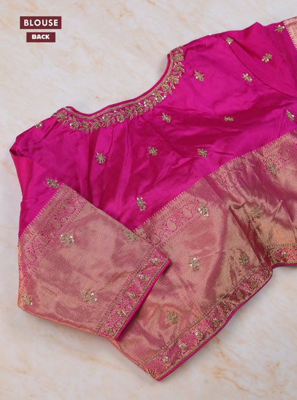 Bottle Green - Pink Pure Kanchipuram Silk Saree Embroidered Readymade Blouse