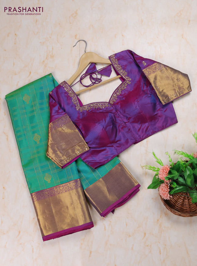 Dual Shade Of Teal Green - Purple Pure Kanchipuram Silk Saree Embroidered Readymade Blouse