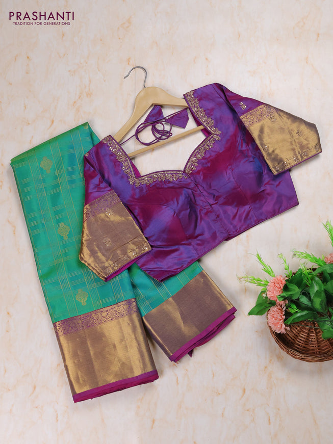 Dual Shade Of Teal Green - Purple Pure Kanchipuram Silk Saree Embroidered Readymade Blouse