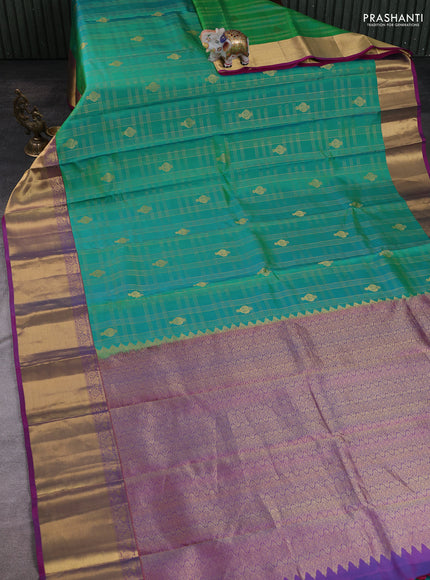 Dual Shade Of Teal Green - Purple Pure Kanchipuram Silk Saree Embroidered Readymade Blouse