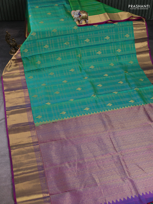 Dual Shade Of Teal Green - Purple Pure Kanchipuram Silk Saree Embroidered Readymade Blouse