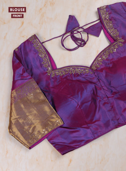Dual Shade Of Teal Green - Purple Pure Kanchipuram Silk Saree Embroidered Readymade Blouse