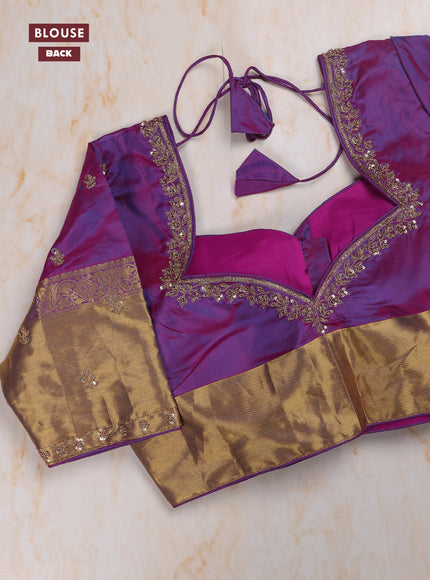 Dual Shade Of Teal Green - Purple Pure Kanchipuram Silk Saree Embroidered Readymade Blouse