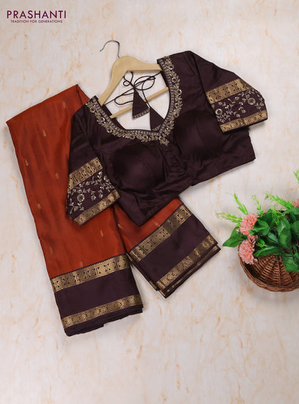 Rust - Coffee Brown Pure Kanchipuram Silk Saree Embroidered Readymade Blouse